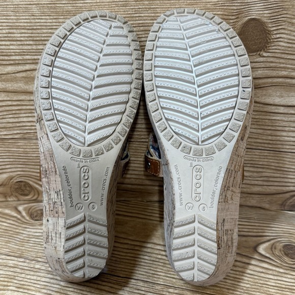 Crocs A-Leigh Cork Brown Wedge Sandals‎ Women Sz 6 Brown Leather Strappy Shoes - Picture 5 of 6